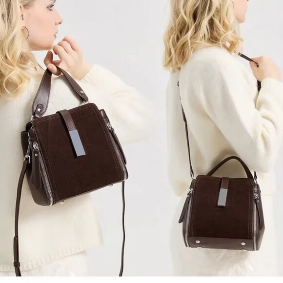 Trendy Genuine Suede Leather Shoulder Bag, Vintage Cowhide Tote Crossbody - Picture 11 of 14